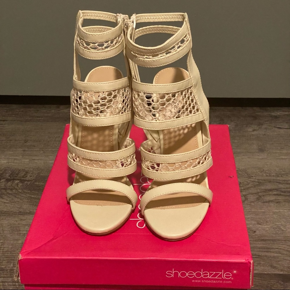 Cream fishnet heels